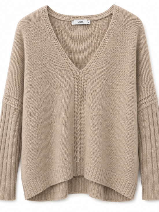 Vince Sweaters - Vince XS 50% Yak 50% Wool V Neck Tunic Sweater Beige Knit Side Slit Pullover